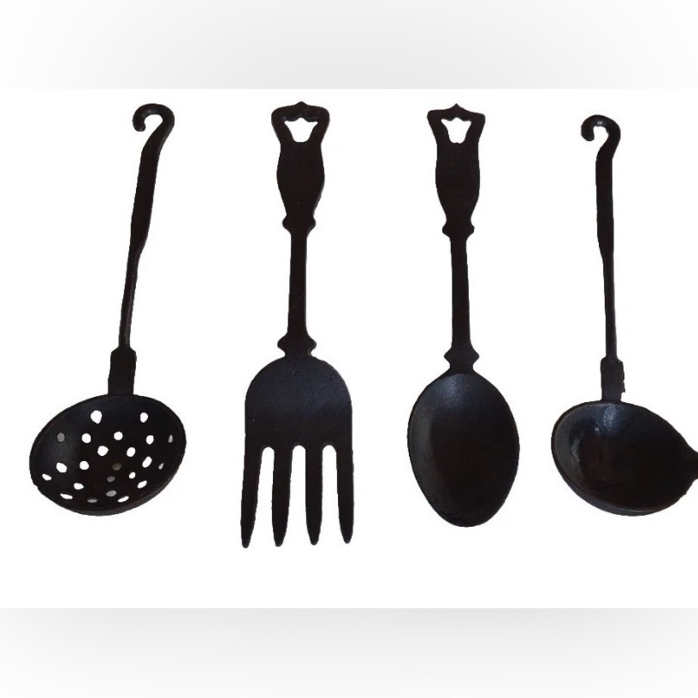 🌸 Vintage Four (4) Piece Set of Black Cast Iron Kitchen Utensils- Fork, Spoons